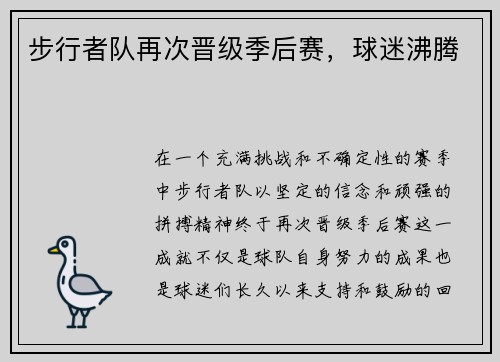 步行者队再次晋级季后赛，球迷沸腾